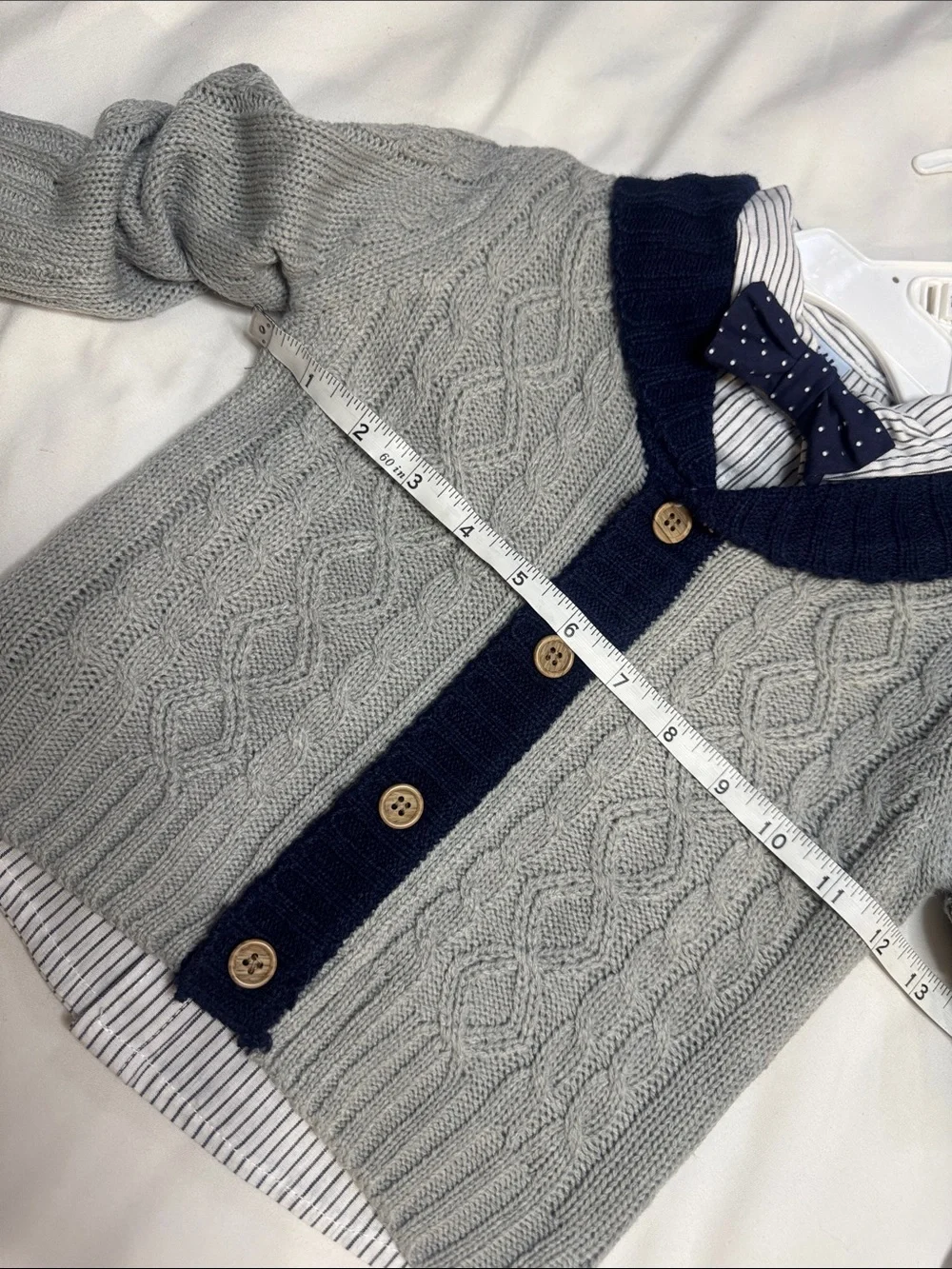 Little One 3 piece set:Gray Cable Knit Cardigan with Navy Trim